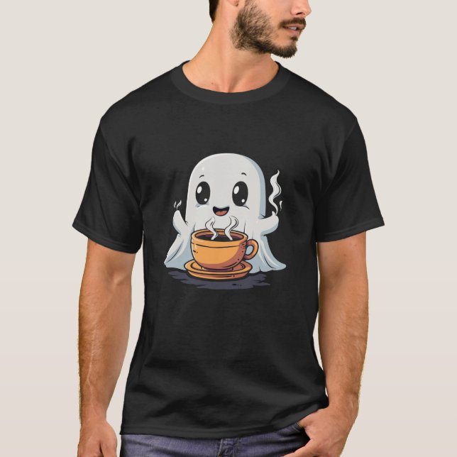 Cute Ghost Drinking Coffee Funny Halloween T Shirt (Front)