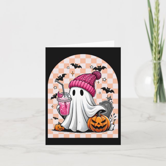 Cute Ghost Drinking Coffee Ghost Halloween Chequer Card (Front)