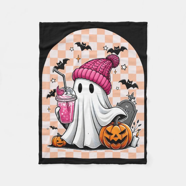 Cute Ghost Drinking Coffee Ghost Halloween Chequer Fleece Blanket (Front)