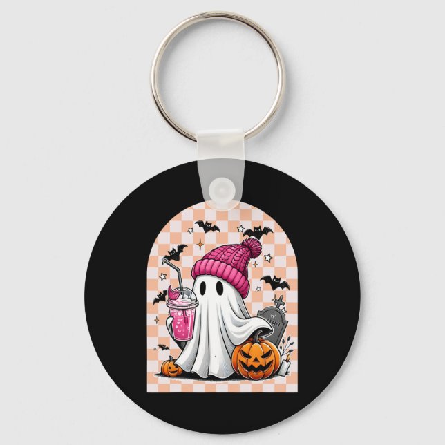 Cute Ghost Drinking Coffee Ghost Halloween Chequer Key Ring (Front)