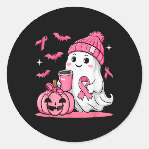 Cute Ghost Drinking Coffee Halloween Breast Cancer Classic Round Sticker