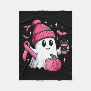 Cute Ghost Drinking Coffee Halloween Breast Cancer Fleece Blanket