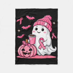 Cute Ghost Drinking Coffee Halloween Breast Cancer Fleece Blanket