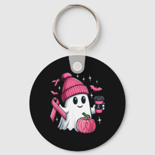 Cute Ghost Drinking Coffee Halloween Breast Cancer Key Ring