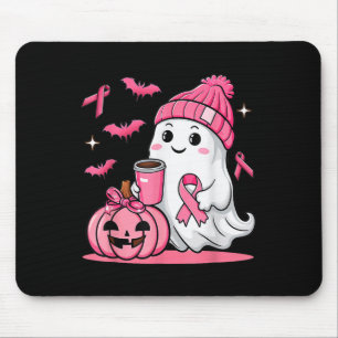 Cute Ghost Drinking Coffee Halloween Breast Cancer Mouse Pad