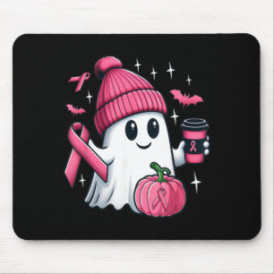 Cute Ghost Drinking Coffee Halloween Breast Cancer Mouse Pad