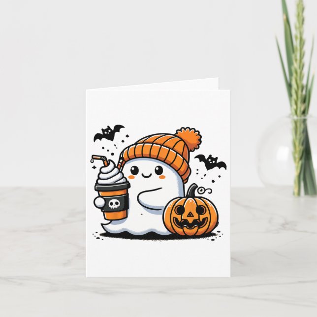Cute Ghost Drinking Coffee Halloween Coffee Lovers Card (Front)