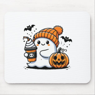 Cute Ghost Drinking Coffee Halloween Coffee Lovers Mouse Pad