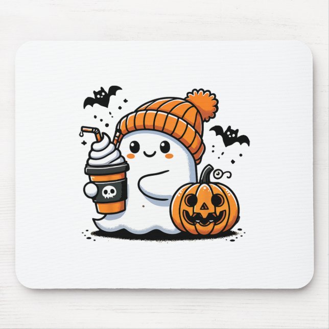Cute Ghost Drinking Coffee Halloween Coffee Lovers Mouse Pad (Front)