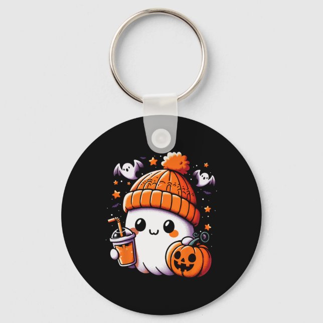 Cute Ghost Drinking Coffee Halloween Coffee Womens Key Ring (Front)