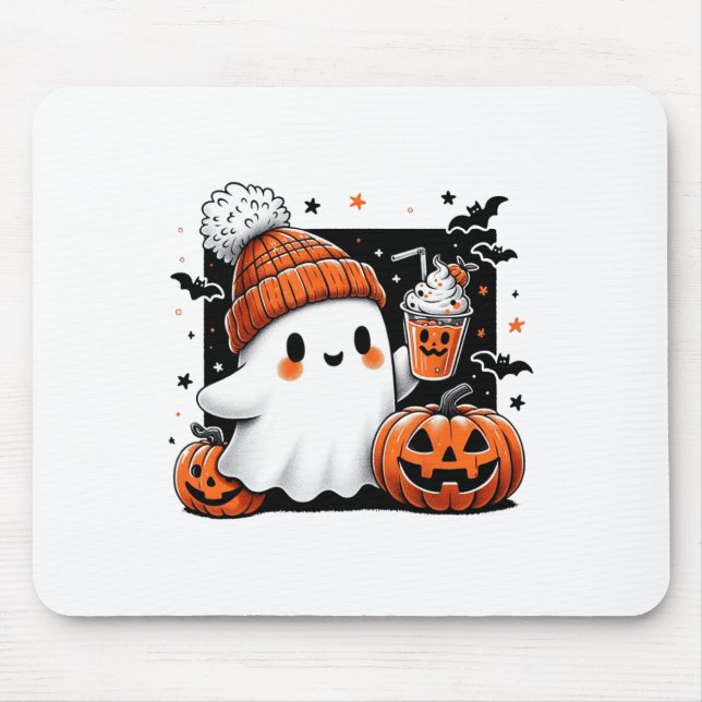 Cute Ghost Drinking Coffee Halloween Costume Coffe Mouse Pad (Front)