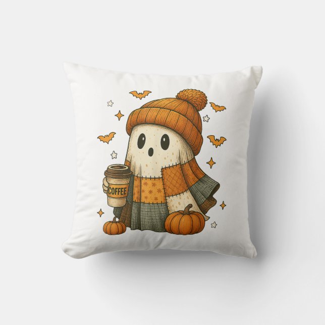 Cute Ghost Drinking Coffee Halloween  Cushion (Front)