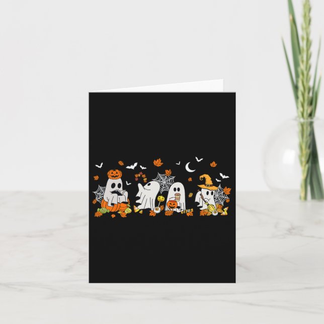 Cute Ghost Drinking Coffee Halloween Fall Ghost Bo Card (Front)