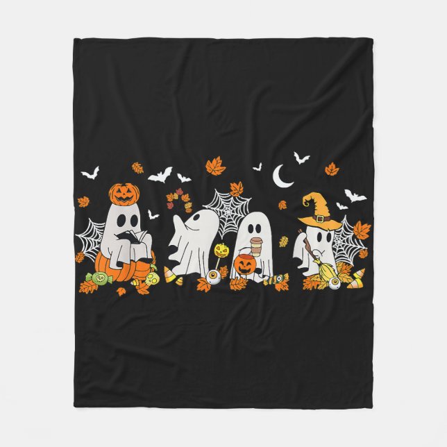 Cute Ghost Drinking Coffee Halloween Fall Ghost Bo Fleece Blanket (Front)