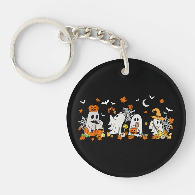 Cute Ghost Drinking Coffee Halloween Fall Ghost Bo Key Ring (Front)