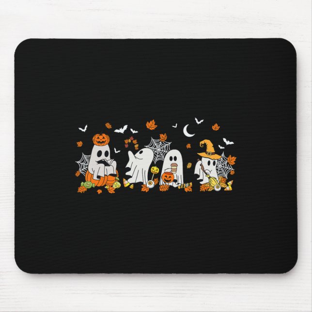 Cute Ghost Drinking Coffee Halloween Fall Ghost Bo Mouse Pad (Front)