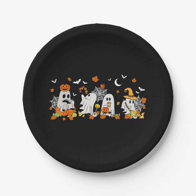 Cute Ghost Drinking Coffee Halloween Fall Ghost Bo Paper Plate (Front)