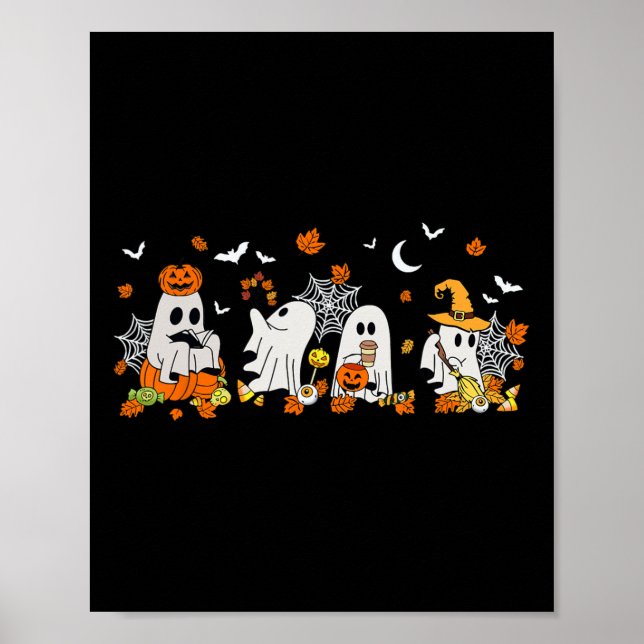 Cute Ghost Drinking Coffee Halloween Fall Ghost Bo Poster (Front)