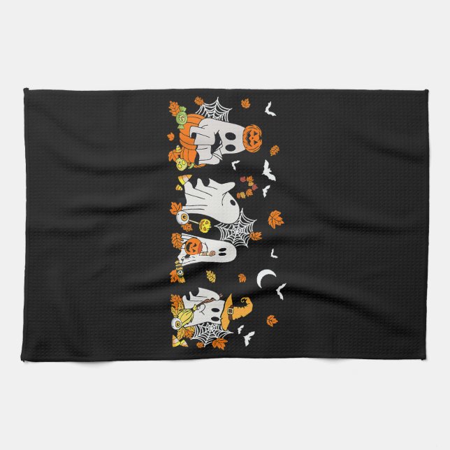 Cute Ghost Drinking Coffee Halloween Fall Ghost Bo Tea Towel (Horizontal)