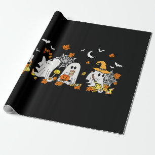 Cute Ghost Drinking Coffee Halloween Fall Ghost Bo Wrapping Paper