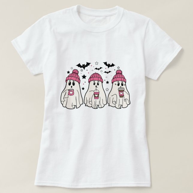 Cute Ghost Drinking Coffee Halloween Fall Ghost T-Shirt (Design Front)