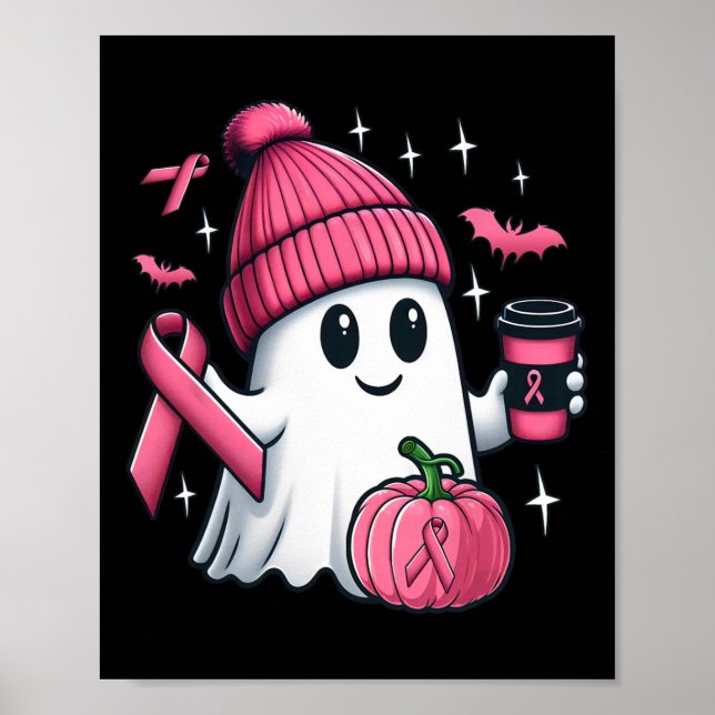 Cute Ghost Drinking Coffee Halloween Ghost Breast  Poster (Front)