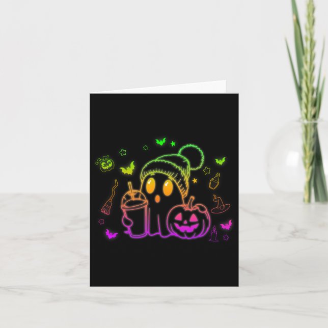 Cute Ghost Drinking Coffee Halloween Ghost Coffee  Card (Front)