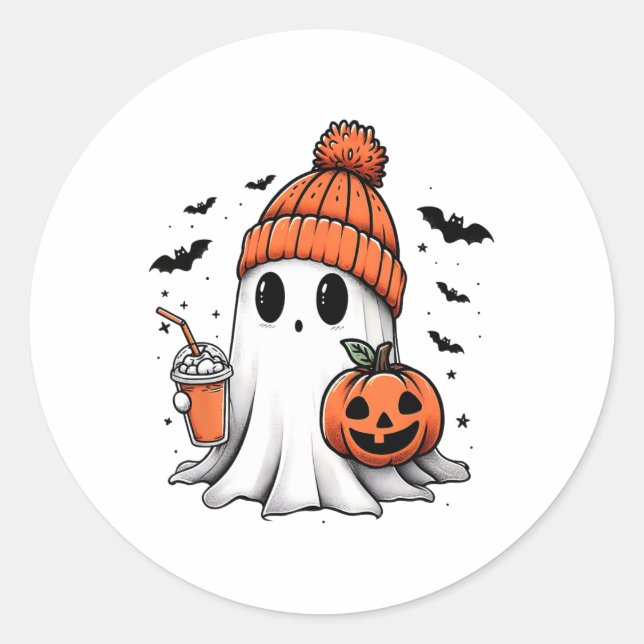Cute Ghost Drinking Coffee Halloween Ghost Coffee  Classic Round Sticker (Front)