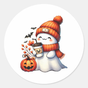 Cute Ghost Drinking Coffee Halloween Ghost Coffee Classic Round Sticker