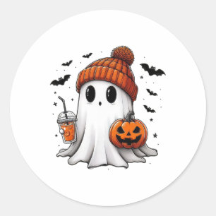 Cute Ghost Drinking Coffee Halloween Ghost Coffee Classic Round Sticker