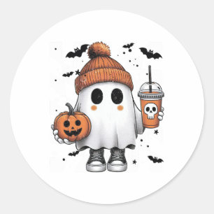 Cute Ghost Drinking Coffee Halloween Ghost Coffee  Classic Round Sticker
