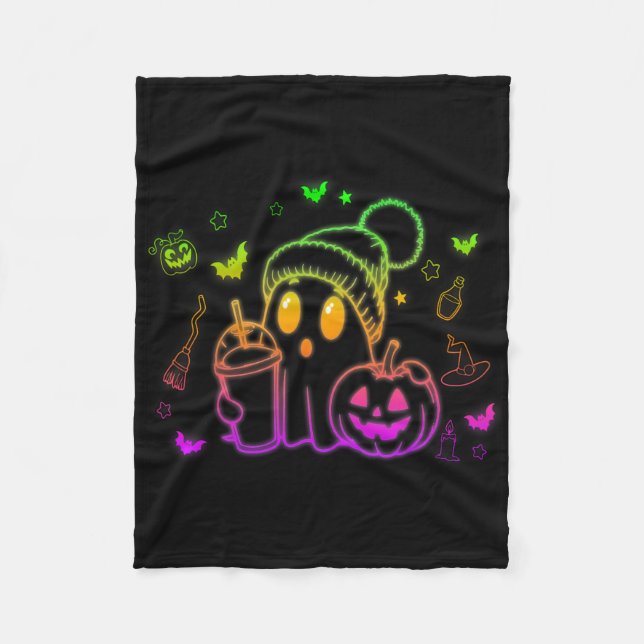 Cute Ghost Drinking Coffee Halloween Ghost Coffee  Fleece Blanket (Front)