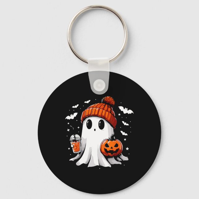 Cute Ghost Drinking Coffee Halloween Ghost Coffee  Key Ring (Front)