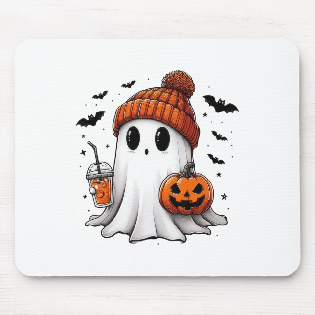 Cute Ghost Drinking Coffee Halloween Ghost Coffee  Mouse Pad (Front)