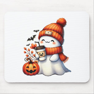 Cute Ghost Drinking Coffee Halloween Ghost Coffee Mouse Pad
