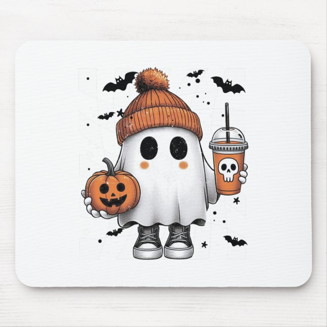 Cute Ghost Drinking Coffee Halloween Ghost Coffee  Mouse Pad (Front)