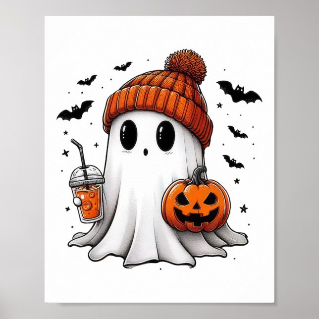 Cute Ghost Drinking Coffee Halloween Ghost Coffee  Poster (Front)