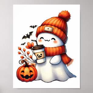 Cute Ghost Drinking Coffee Halloween Ghost Coffee Poster