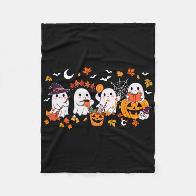Cute Ghost Drinking Coffee Halloween Ghost Fall Bo Fleece Blanket (Front)