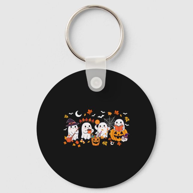 Cute Ghost Drinking Coffee Halloween Ghost Fall Bo Key Ring (Front)