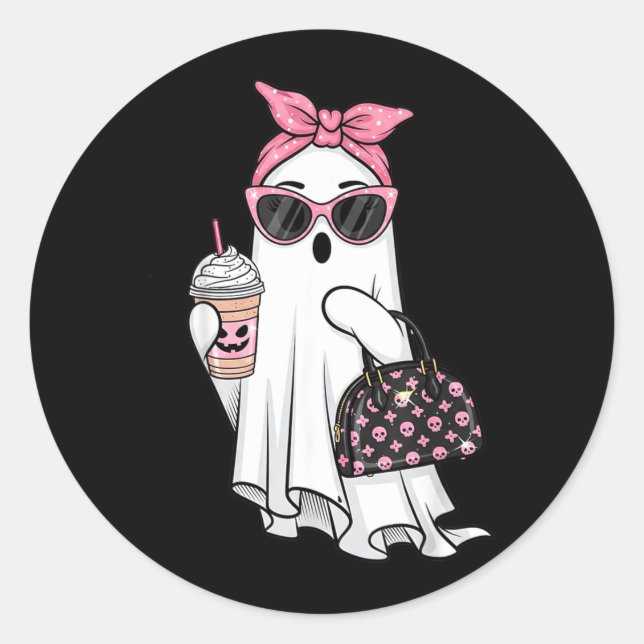 Cute Ghost Drinking Coffee Halloween Ghost Ice Classic Round Sticker (Front)