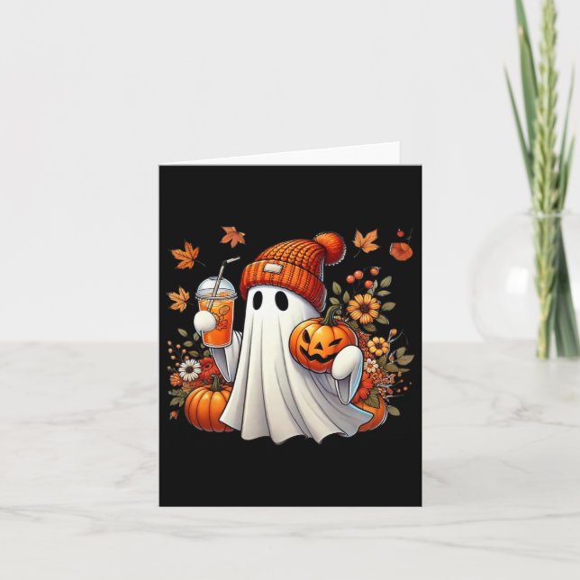 Cute Ghost Drinking Coffee Halloween Ghost Ice Cof Card (Front)