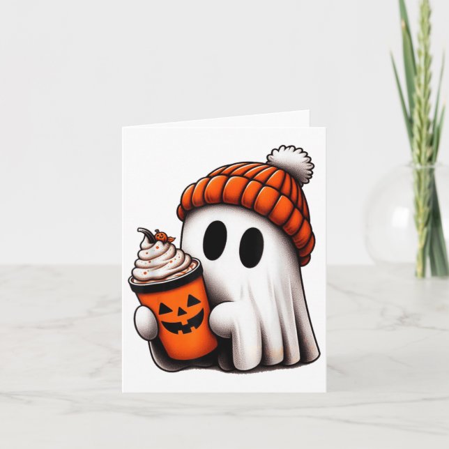 Cute Ghost Drinking Coffee Halloween Ghost Ice Cof Card (Front)