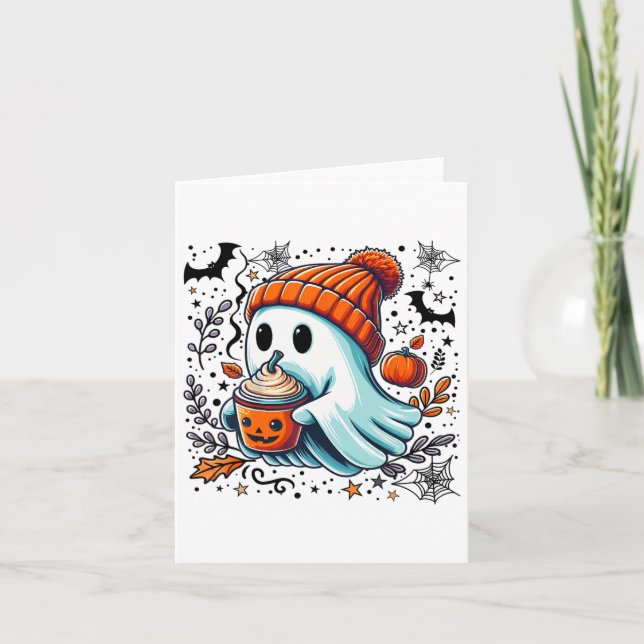 Cute Ghost Drinking Coffee Halloween Ghost Ice Cof Card (Front)