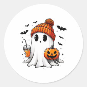 Cute Ghost Drinking Coffee Halloween Ghost Ice Cof Classic Round Sticker