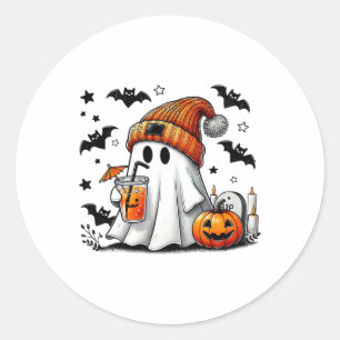 Cute Ghost Drinking Coffee Halloween Ghost Ice Cof Classic Round Sticker
