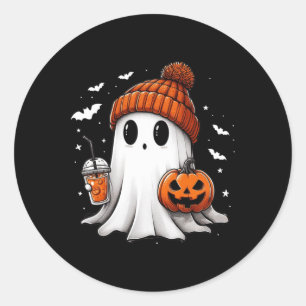 Cute Ghost Drinking Coffee Halloween Ghost Ice Cof Classic Round Sticker