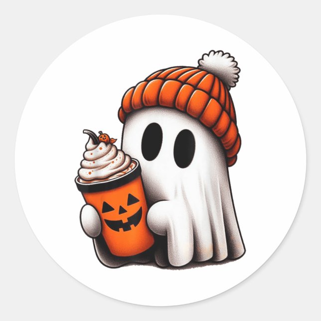 Cute Ghost Drinking Coffee Halloween Ghost Ice Cof Classic Round Sticker (Front)