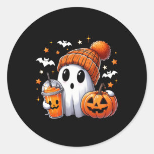 Cute Ghost Drinking Coffee Halloween Ghost Ice Cof Classic Round Sticker