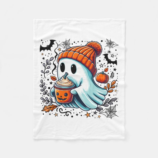 Cute Ghost Drinking Coffee Halloween Ghost Ice Cof Fleece Blanket (Front)